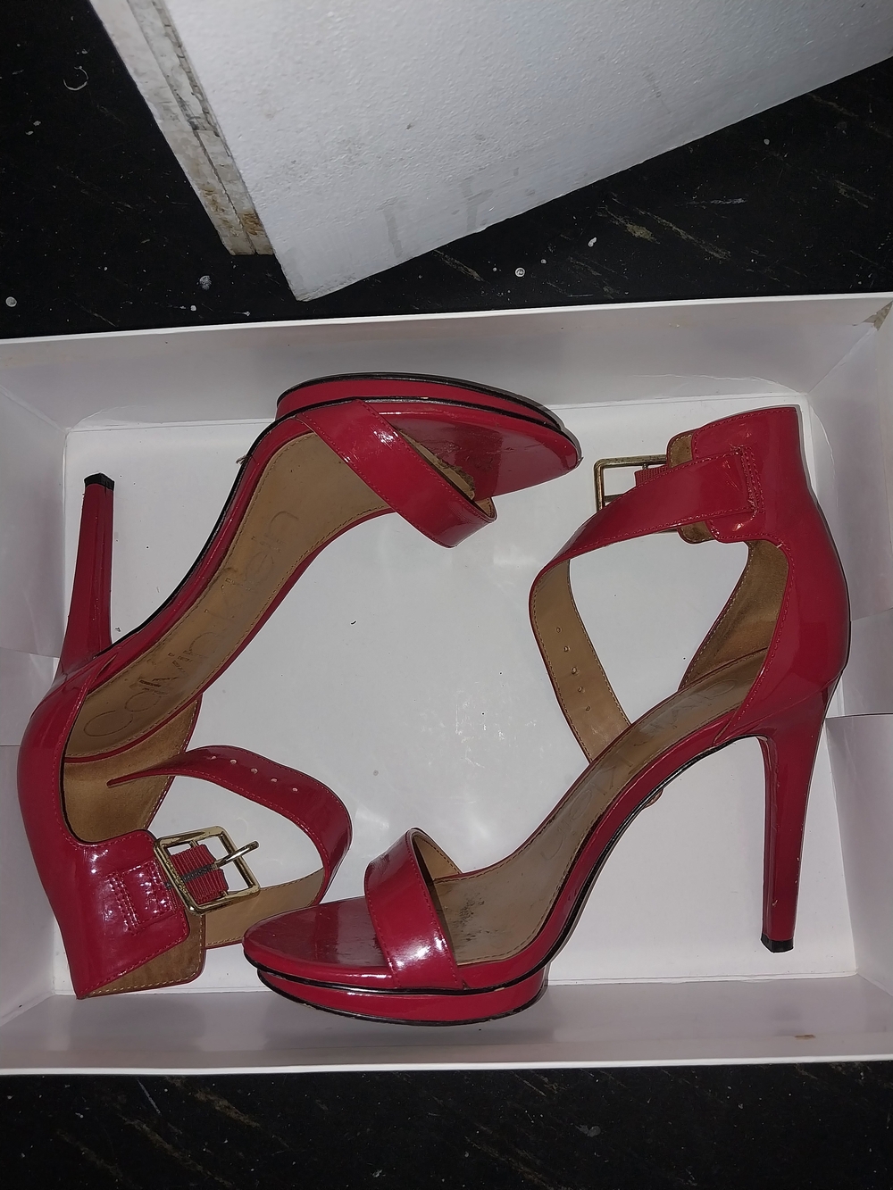 Calvin Klein Red Patent High Heel Sandals with Ankle Buckle